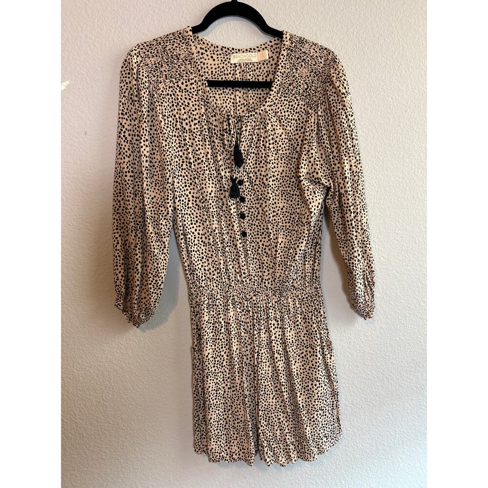 Anthropologie Beachgold | Tan/Black Polka Dot Half Sleeve Romper | Small - Picture 3 of 14